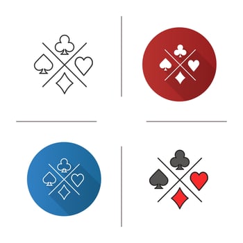 Suits of playing cards icon. Flat design, linear and color styles. Spade, clubs, heart, diamond. Casino. Isolated vector illustrations