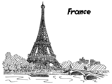 Sketch of France Paris Eiffel Tower near the river vector