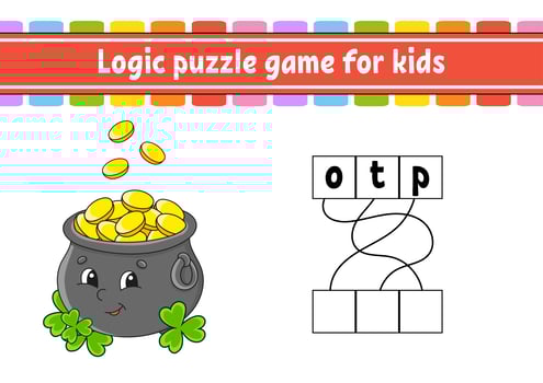 Logic puzzle game. Learning words for kids. Find the hidden name. Worksheet, Activity page. English game. Isolated vector illustration. Cartoon character. St. Patrick's day.