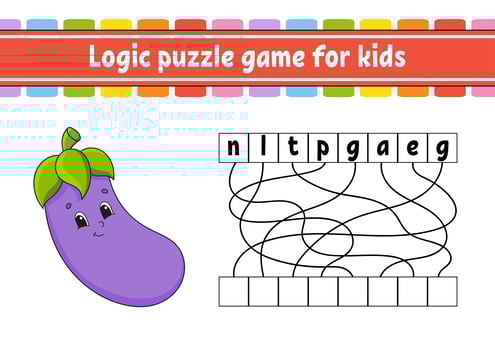 Logic puzzle game. Learning words for kids. Vegetable eggplant. Find the hidden name. Worksheet, Activity page. English game. Isolated vector illustration. Cartoon character.