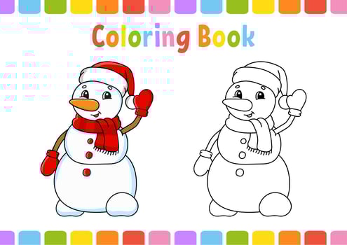 Coloring book for kids. Cute snowman. Cartoon character. Vector illustration. Fantasy page for children. Black contour silhouette. Isolated on white background.