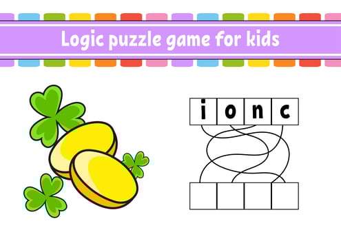 Logic puzzle game. Learning words for kids. Find the hidden name. Worksheet, Activity page. English game. Isolated vector illustration. Cartoon character. St. Patrick's day.
