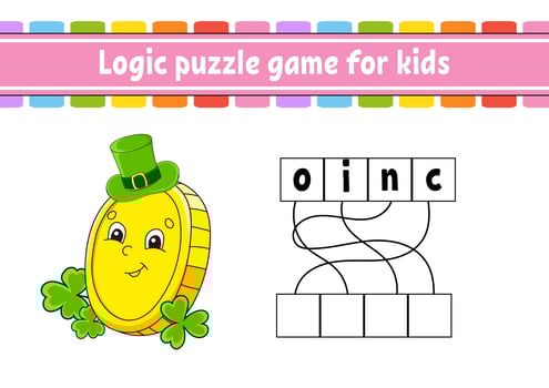 Logic puzzle game. Learning words for kids. Find the hidden name. Worksheet, Activity page. English game. Isolated vector illustration. Cartoon character. St. Patrick's day.