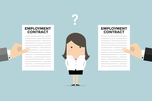 Businesswoman with two employment contract offer from two companies. vector