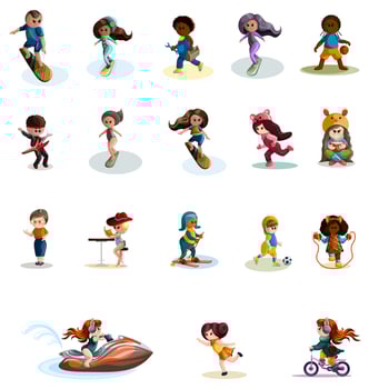 Vector image of a collection of stylized characters with versatile activities
