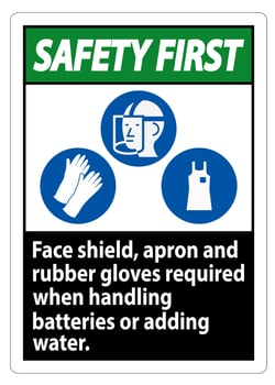 Safety First Sign Face Shield, Apron And Rubber Gloves Required When Handling Batteries or Adding Water With PPE Symbols vector
