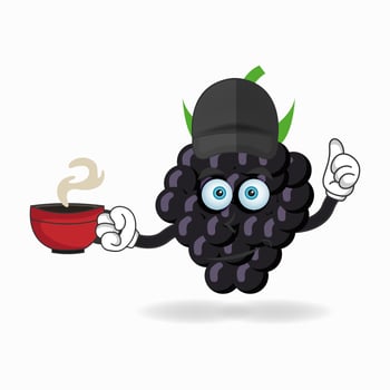 Grape mascot character holding a hot cup of coffee. vector illustration