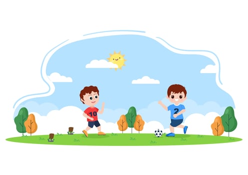 Playing Football with Boys Play Soccer Wear Sports Uniform Various Movements Such as Kicking, Holding, Defending, Parrying and Attacking in Field. Vector Illustration