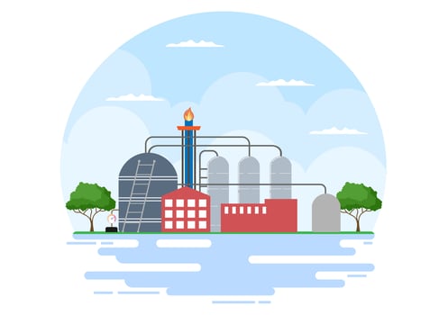 Oil Gas Industry Vector Illustration. Crude Extraction, Refinery Plant, Drilling, Gas Station, Tank use Pipe and Delivery of Fuel by Truck Transportation