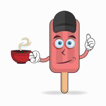 Red Ice Cream mascot character holding a hot cup of coffee. vector illustration