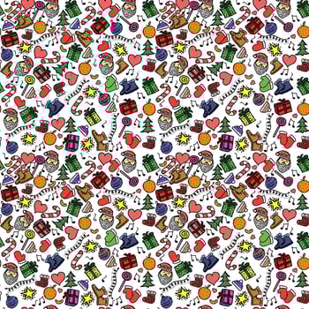 Seamless new year pattern. Vector pattern with doodle new year and christmas icons.Colored illustration with Santa, gift box, christmas tree, sweets, hat, orange, stars isolated on white background
