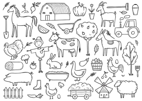 Hand drawn set farm animal, farmer food. vector