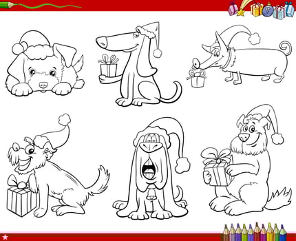 set of comic dogs with Christmas gifts coloring book page vector