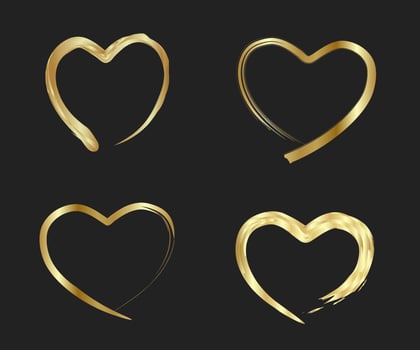 Gold Hearts. Hand drawn hearts brushes. Hand painted heart shape. Symbol of love Valentine's Day wedding cards. Vector illustration