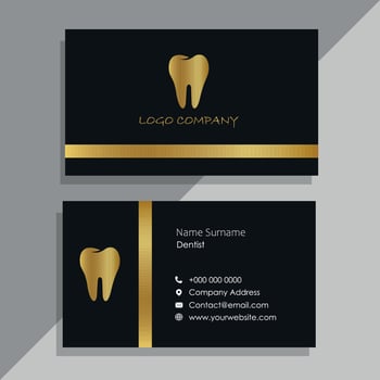 Black dentist business card with tooth design and gold stripes vector