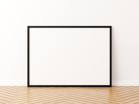 Black horizontal frame mockup on the wooden floor. 3d rendering. photo