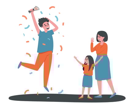 A happy man with his family rejoices at winning the lottery vector