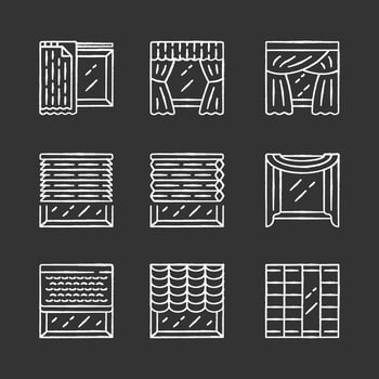Jalousie and curtains chalk icons set. Cellular shades, window treatment set, scarf, liner. Home, office interior accessory. Living room, kitchen, decoration. Isolated vector chalkboard illustrations