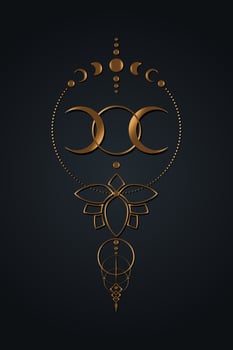Gold Triple Moon, Sacred geometry, half moon pagan Wiccan goddess symbol. Moon Phases old golden wicca banner sign, Lotus flower energy circle, boho style, vector isolated on black background