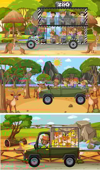 Set of different safari horizontal scenes with animals and kids cartoon character vector