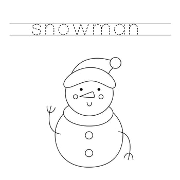 Trace the letters and color cute snowman. Handwriting practice for kids. vector