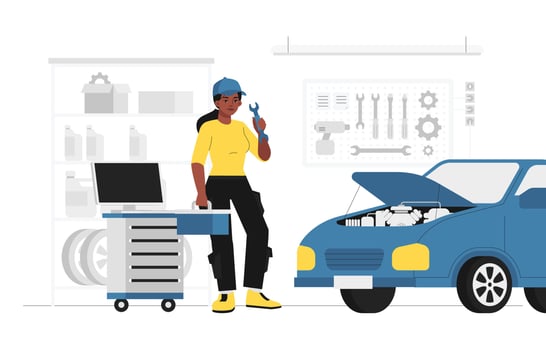Automotive Girl Character in Car Repair Station vector