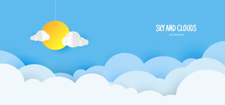Blue sky background with clouds in paper cut style. vector