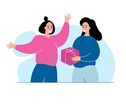 Cartoon young woman received present with love. Happy Girl gives big gift surprise. Vector character illustration.