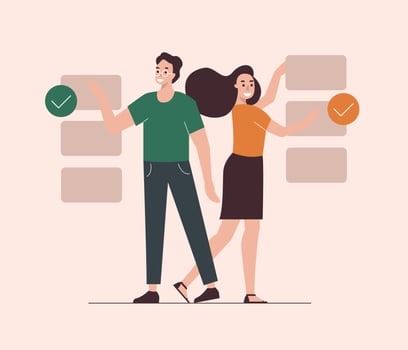 Employee Hiring Concept. A man and a woman choose the best candidate for the job. Recruiters review information about potential employees. vector