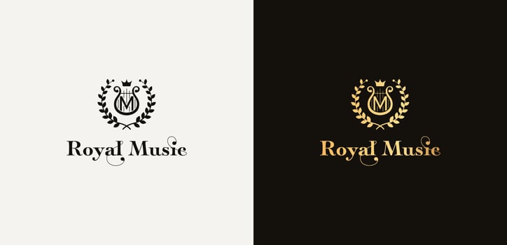 Classic royal vector music logotype with letter M monogram. Laurel wreath and harp luxury logo template.
