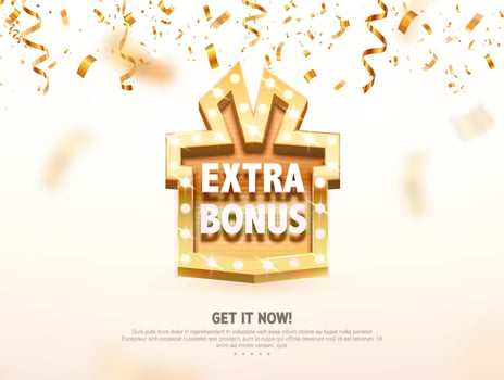 Extra bonus prize gift box with golden retro board sign vector illustration. Winning celebration with coins explosion on light background.