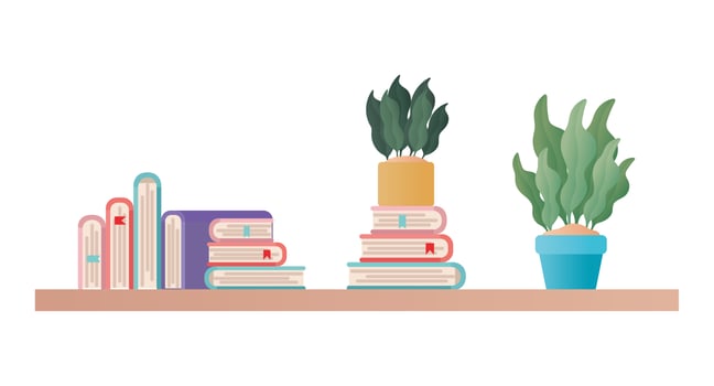 shelf with books and plants vector design
