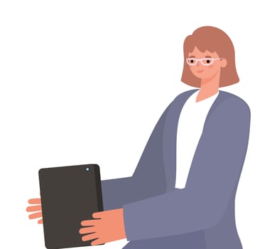 brown hair woman cartoon with tablet working vector design