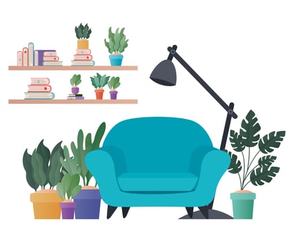 blue chair lamp and plants vector design