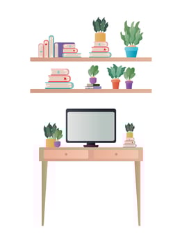 desk with computer and shelves with plants and books vector design