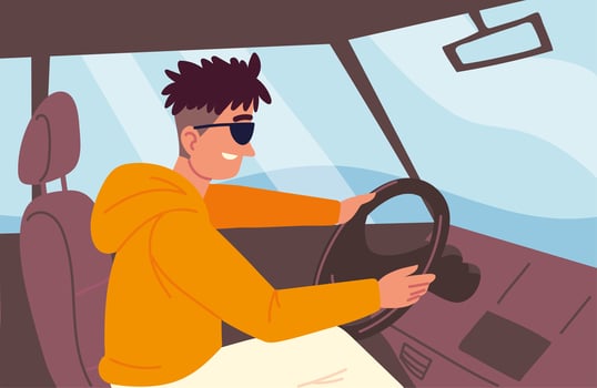 young driving a car vector