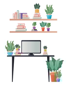 desk with computer books and plants on shelves vector design