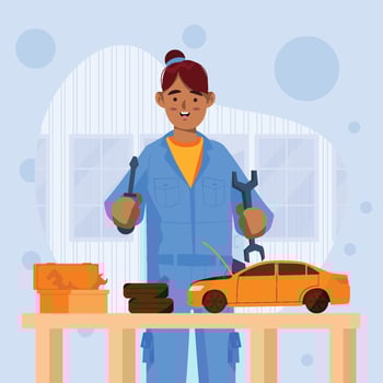 Car Repair Woman Fix Car On Her Garage Concept vector