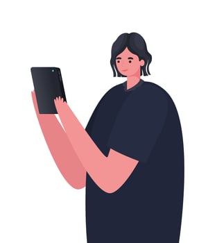 black hair man cartoon with tablet working vector design