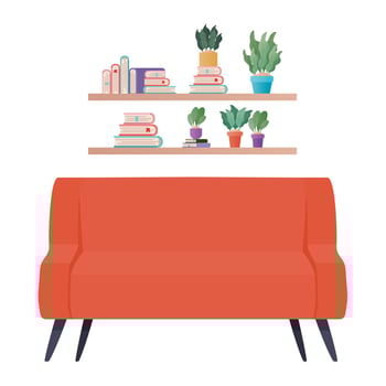 red couch under shelves vector design
