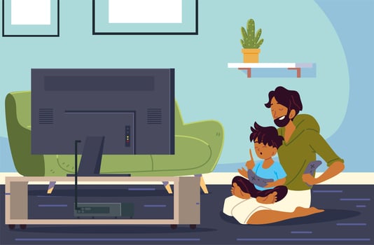 father and son playing video games vector