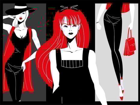 black and red retro fashion models vector