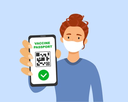 Woman in medical mask with qr code on smartphone screen in hand vector