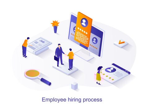 Employee hiring process isometric web concept. People look at resume, choose candidate for vacancy, conduct job interview. Human resources scene. Vector illustration for website template in 3d design