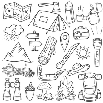camping concept doodle hand drawn set collections with outline black and white style vector