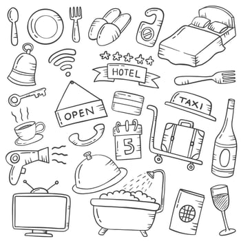 hospitality concept doodle hand drawn set collections with outline black and white style vector