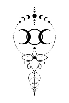 Triple Moon, Sacred geometry, half moon pagan Wiccan goddess symbol. Moon Phases, black tattoo, wicca banner sign, Lotus flower energy circle, boho style, vector isolated on white background