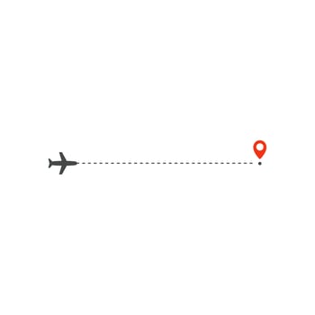 Plane way icon, airplane straight ahead path direction and destination red point, logo design template, holiday trip vector illustration template on white background.