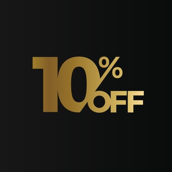 Golden 10 percent off flat cartoon style vector logo concept. 10 percent sale isolated icon on black background. Ten percent discount for business. Vector illustration