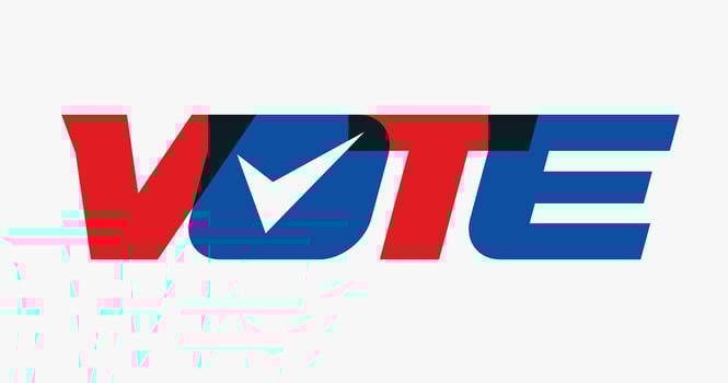 Vote uppercase capital bold letters, red and blue color, check mark inside letter O, concept, vector illustration. USA voting emblem